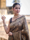 Banarasee Handloom Semi Katan Saree With Gold Zari Woven Design-Black