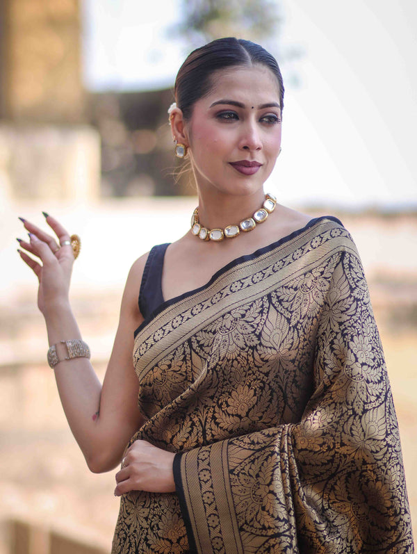 Banarasee Handloom Semi Katan Saree With Gold Zari Woven Design-Black