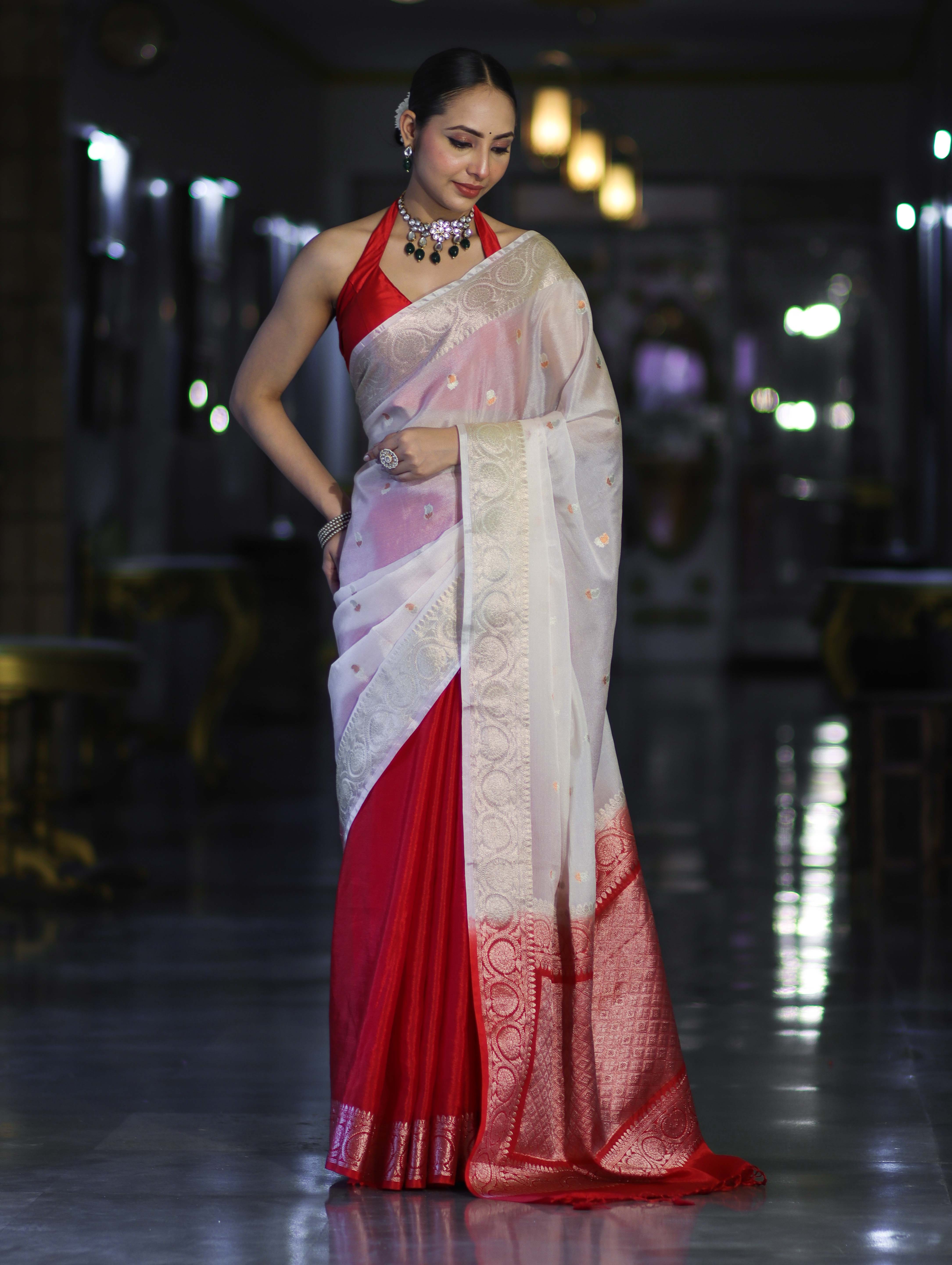 Banarasee Semi Chiffon Saree With Buti Design & Zari Border-Red & White