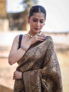 Banarasee Handloom Semi Katan Saree With Gold Zari Woven Design-Black