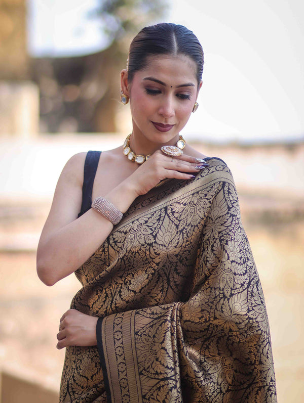 Banarasee Handloom Semi Katan Saree With Gold Zari Woven Design-Black