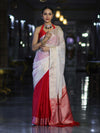 Banarasee Semi Chiffon Saree With Buti Design & Zari Border-Red & White
