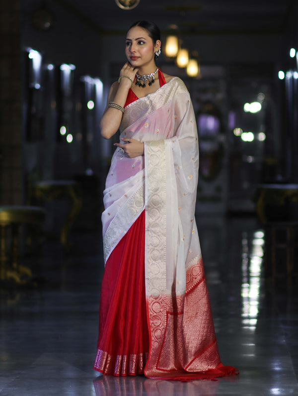Banarasee Semi Chiffon Saree With Buti Design & Zari Border-Red & White