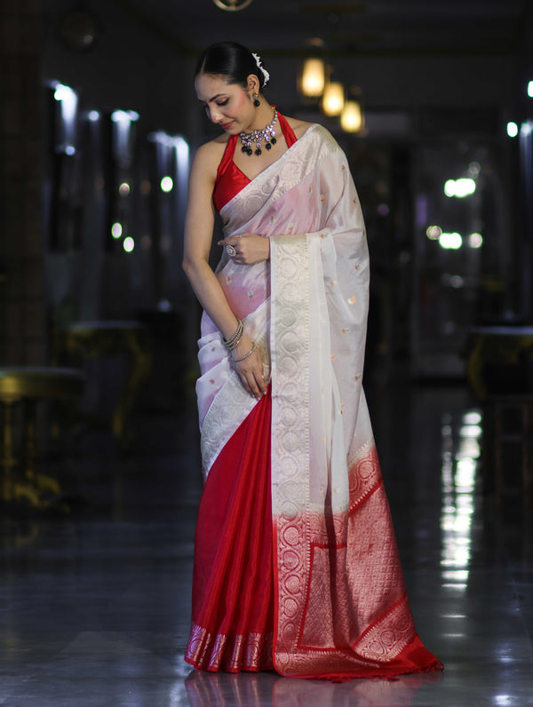 Banarasee Semi Chiffon Saree With Buti Design & Zari Border-Red & White