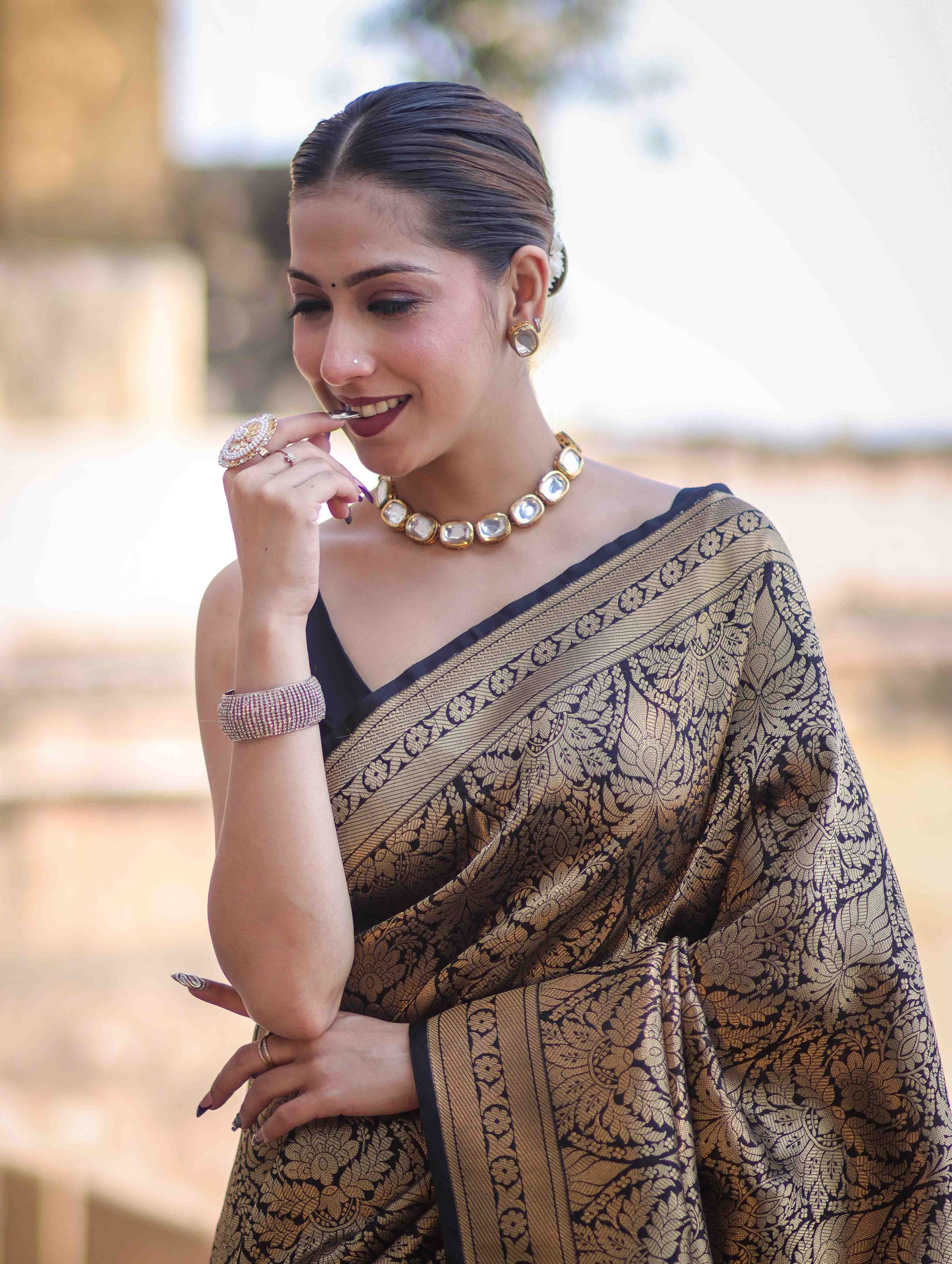 Banarasee Handloom Semi Katan Saree With Gold Zari Woven Design-Black