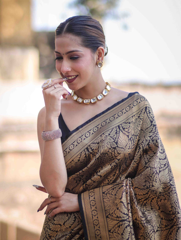 Banarasee Handloom Semi Katan Saree With Gold Zari Woven Design-Black