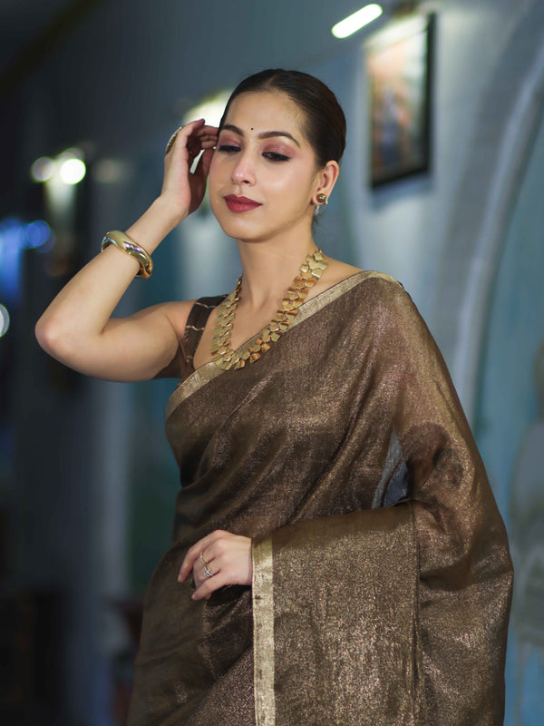 Bhagalpur Handloom Linen Tissue Metallic Shine Saree-Earthy Brown