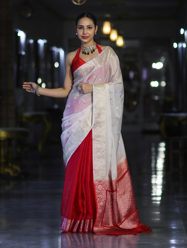 Banarasee Semi Chiffon Saree With Buti Design & Zari Border-Red & White