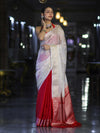 Banarasee Semi Chiffon Saree With Buti Design & Zari Border-Red & White