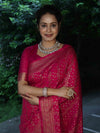 Banarasee Semi-Chiffon Antique Zari Saree With Floral Border-Hot Pink