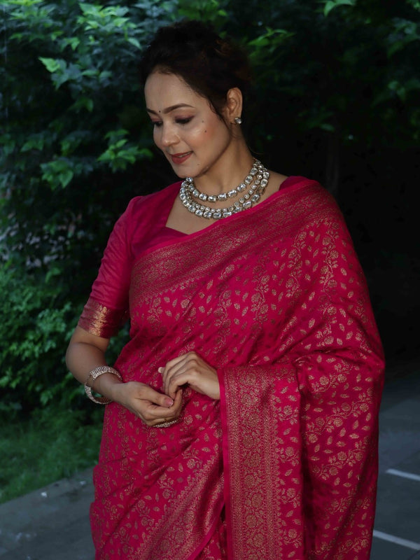 Banarasee Semi-Chiffon Antique Zari Saree With Floral Border-Hot Pink