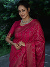 Banarasee Semi-Chiffon Antique Zari Saree With Floral Border-Hot Pink