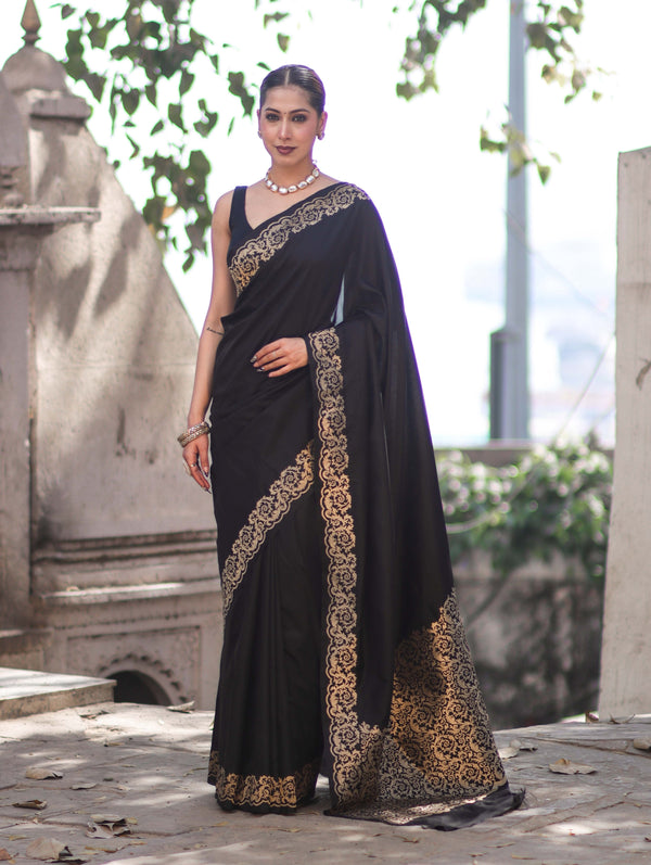 Banarasee Handloom Plain Semi Katan Saree With Gold Zari Border-Black