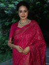 Banarasee Semi-Chiffon Antique Zari Saree With Floral Border-Hot Pink