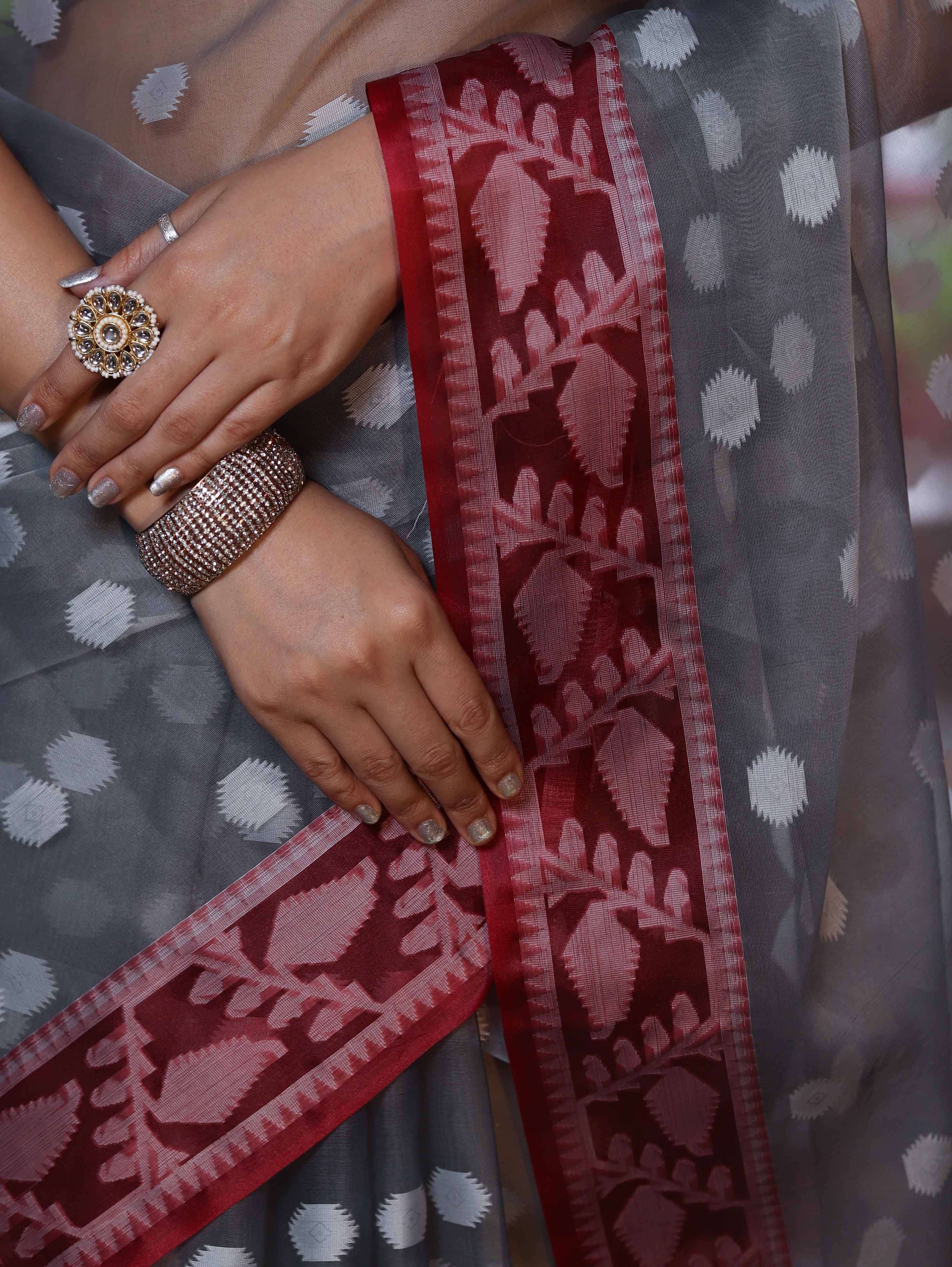 Banarasee Organza Mix Saree With Resham Work & Contrast Border-Grey & Maroon