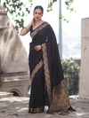 Banarasee Handloom Plain Semi Katan Saree With Gold Zari Border-Black