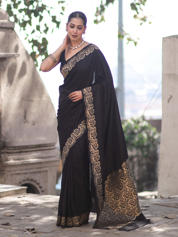 Banarasee Handloom Plain Semi Katan Saree With Gold Zari Border-Black