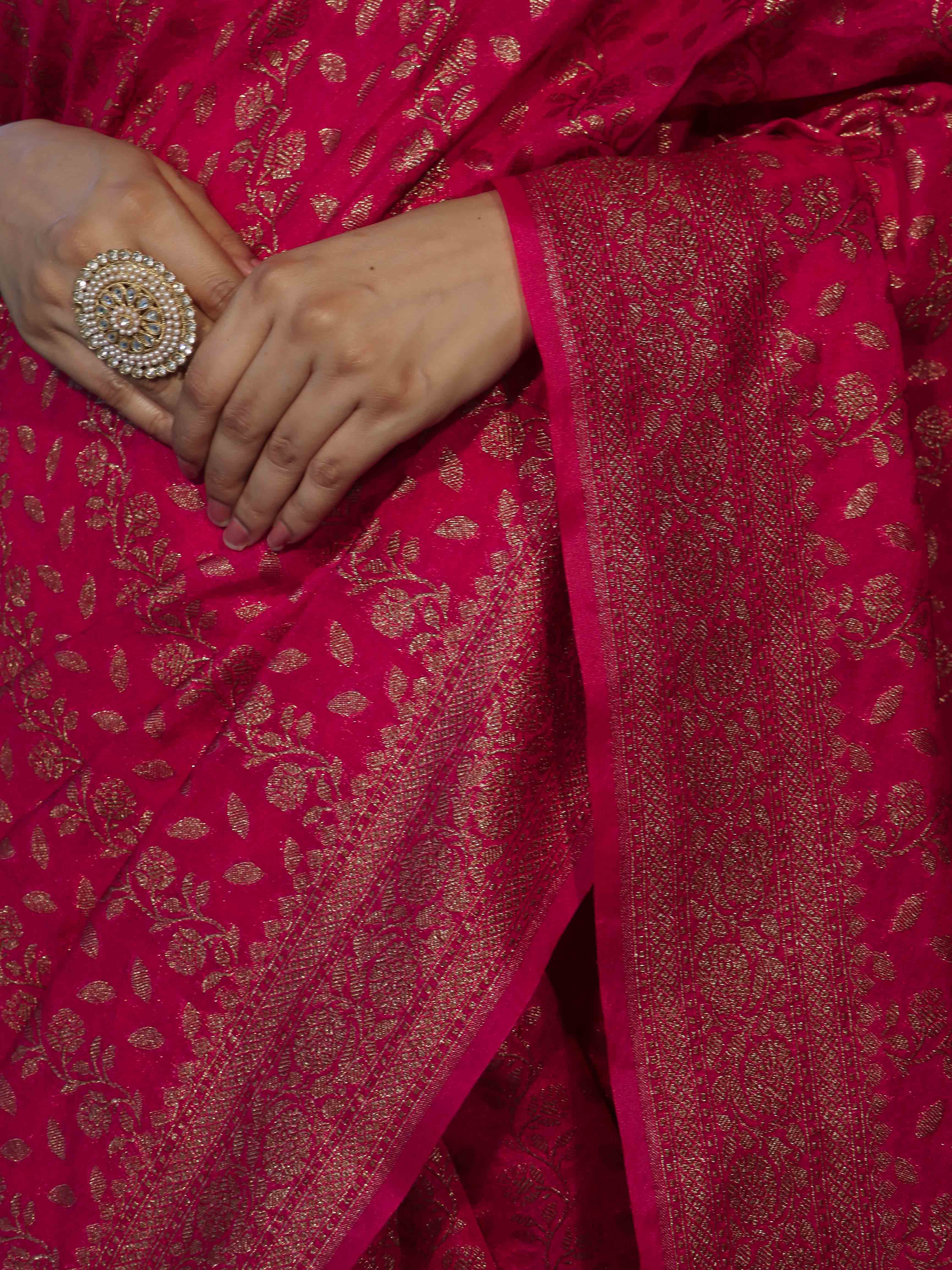 Banarasee Semi-Chiffon Antique Zari Saree With Floral Border-Hot Pink