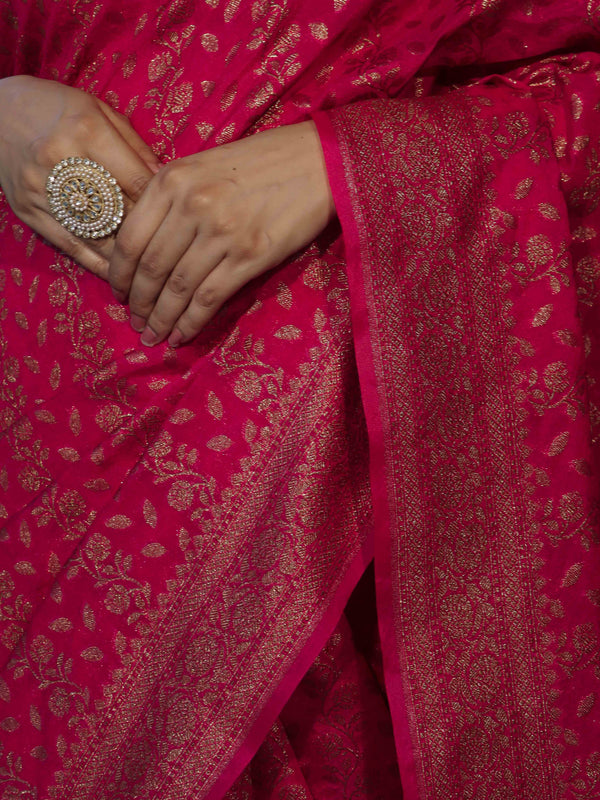 Banarasee Semi-Chiffon Antique Zari Saree With Floral Border-Hot Pink