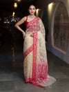 Banarasee Organza Mix Saree With Resham Work & Contrast Border-Cream & Maroon