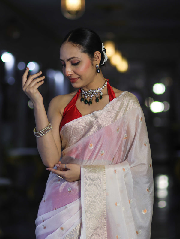 Banarasee Semi Chiffon Saree With Buti Design & Zari Border-Red & White