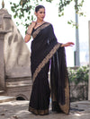 Banarasee Handloom Plain Semi Katan Saree With Gold Zari Border-Black