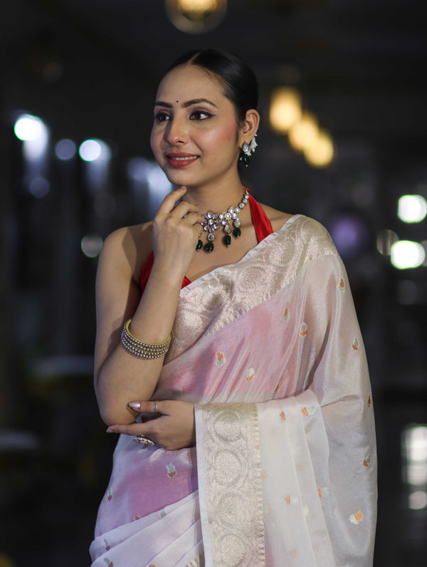 Banarasee Semi Chiffon Saree With Buti Design & Zari Border-Red & White