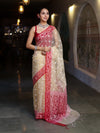 Banarasee Organza Mix Saree With Resham Work & Contrast Border-Cream & Maroon