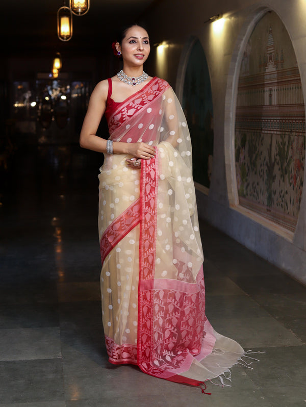 Banarasee Organza Mix Saree With Resham Work & Contrast Border-Cream & Maroon