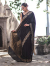 Banarasee Handloom Plain Semi Katan Saree With Gold Zari Border-Black