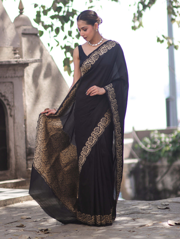 Banarasee Handloom Plain Semi Katan Saree With Gold Zari Border-Black