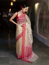 Banarasee Organza Mix Saree With Resham Work & Contrast Border-Cream & Maroon