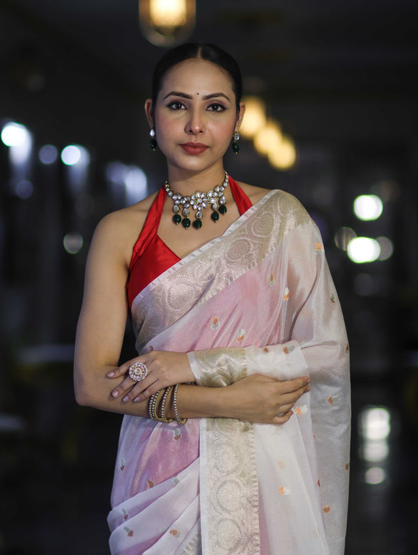 Banarasee Semi Chiffon Saree With Buti Design & Zari Border-Red & White