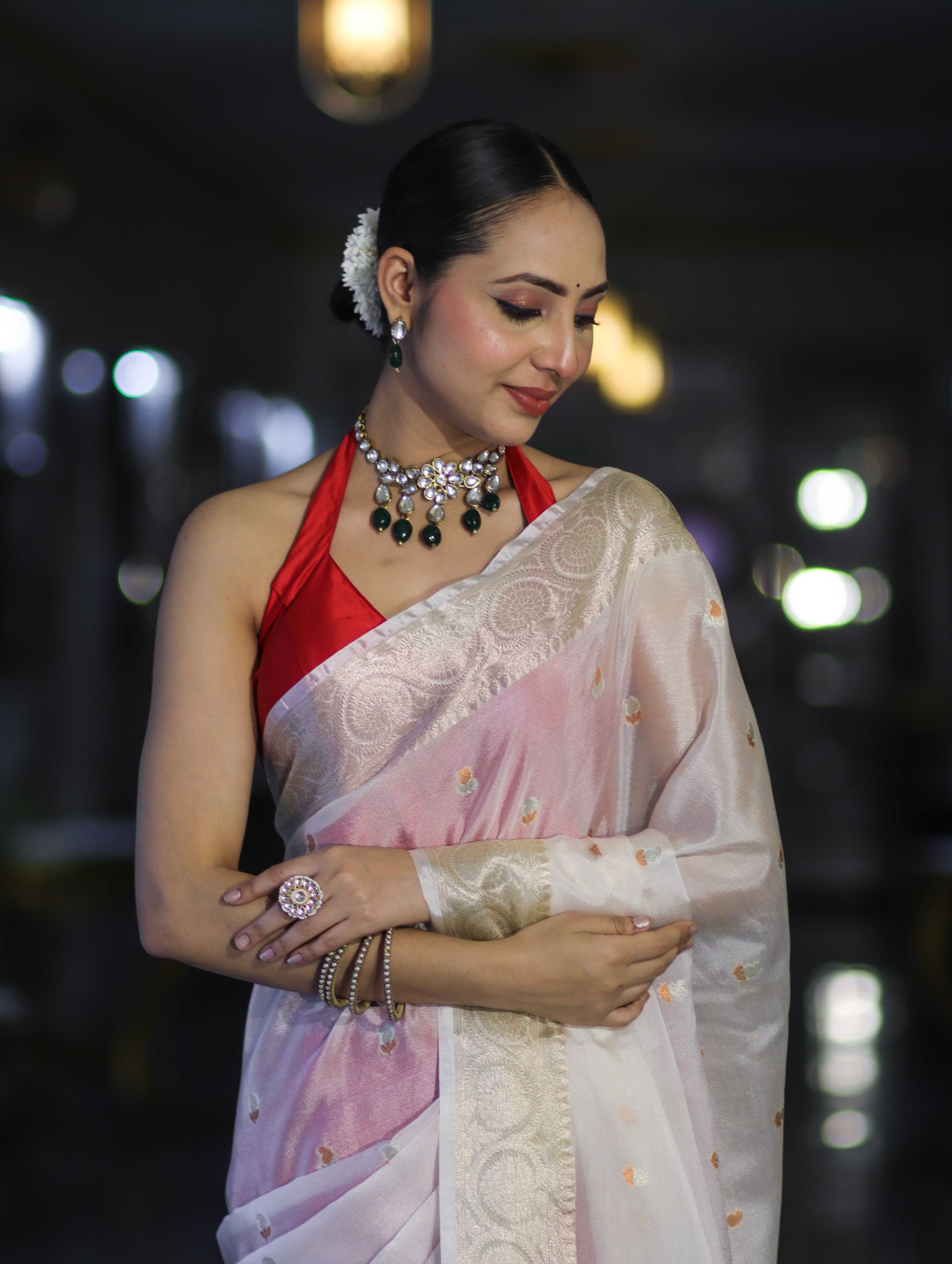 Banarasee Semi Chiffon Saree With Buti Design & Zari Border-Red & White