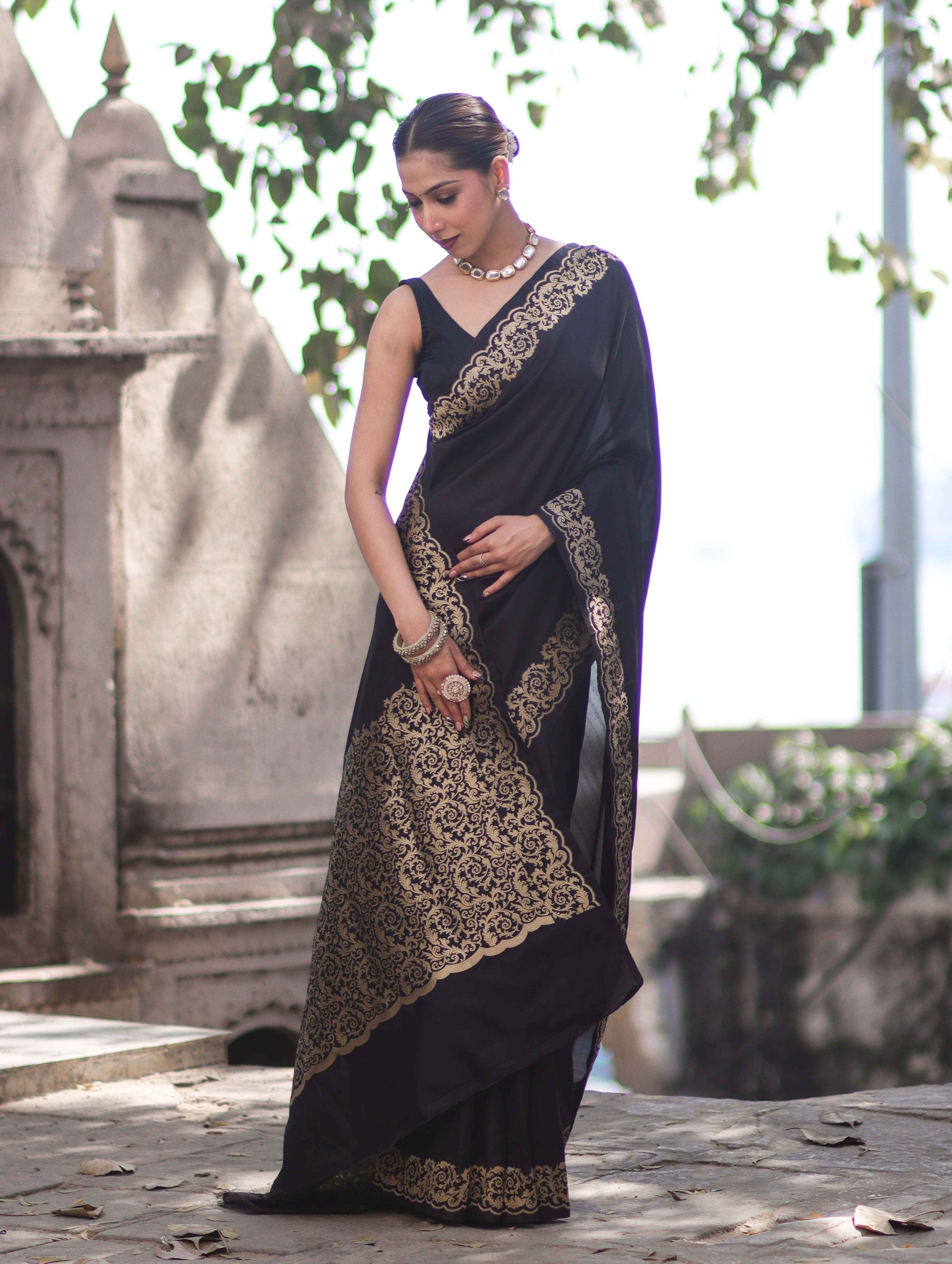 Banarasee Handloom Plain Semi Katan Saree With Gold Zari Border-Black
