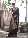 Banarasee Handloom Plain Semi Katan Saree With Gold Zari Border-Black