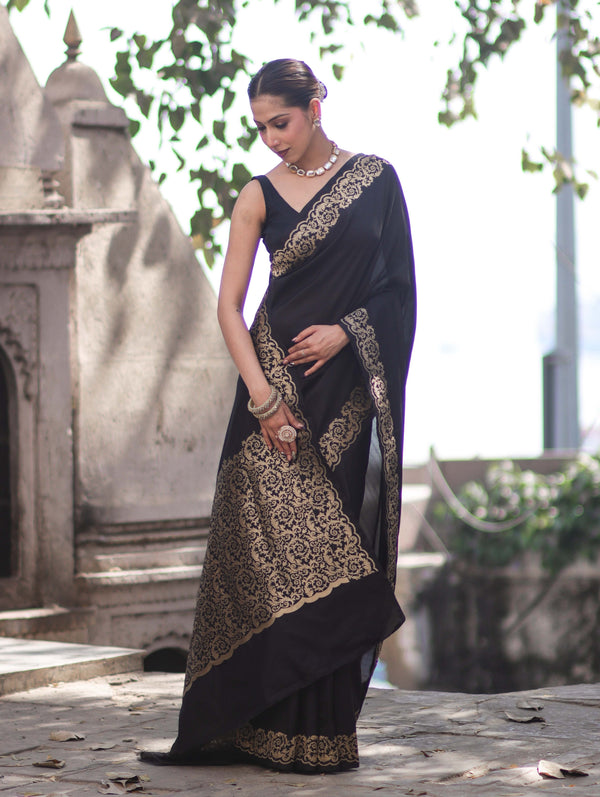 Banarasee Handloom Plain Semi Katan Saree With Gold Zari Border-Black
