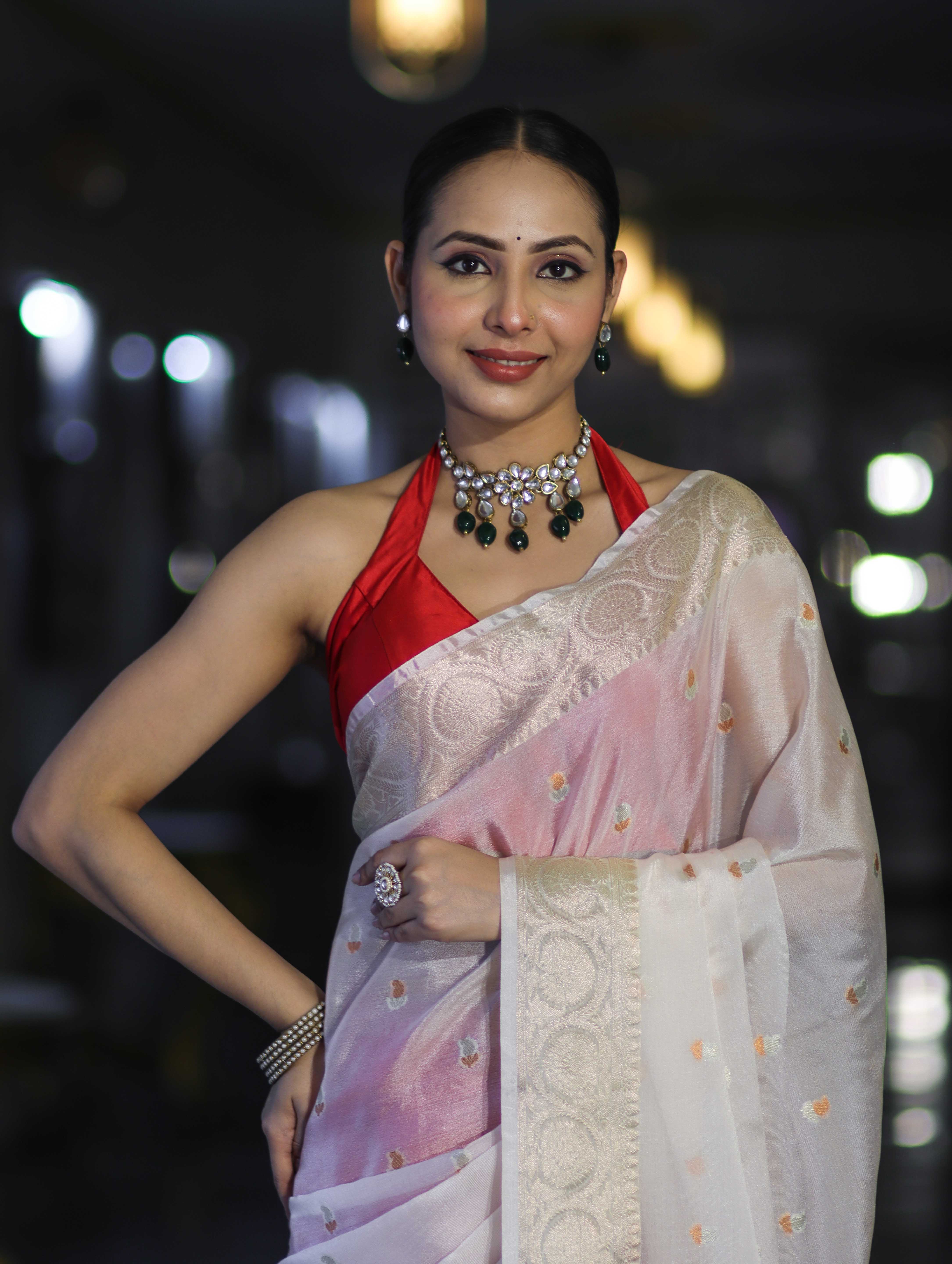 Banarasee Semi Chiffon Saree With Buti Design & Zari Border-Red & White