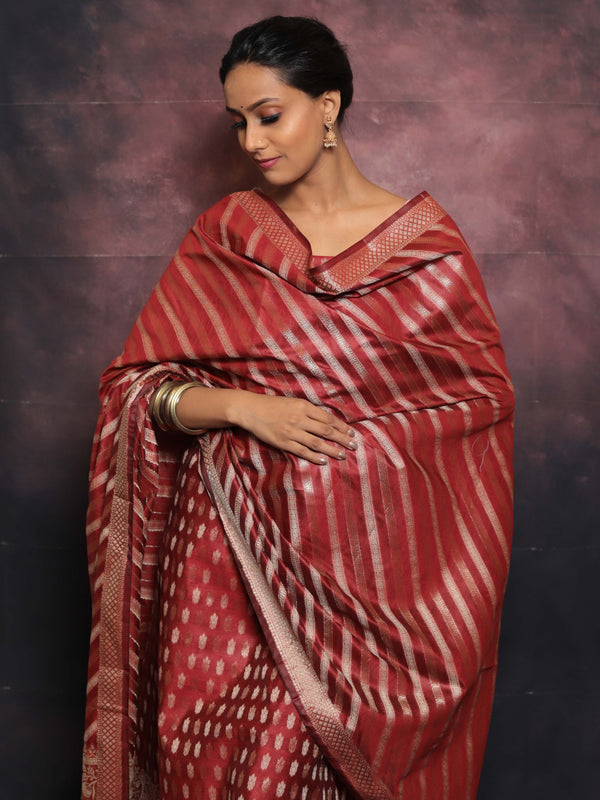 Banarasee Salwar Kameez Cotton Silk Resham & Zari Buti Woven Fabric With Dupatta-Maroon