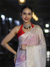 Banarasee Semi Chiffon Saree With Buti Design & Zari Border-Red & White