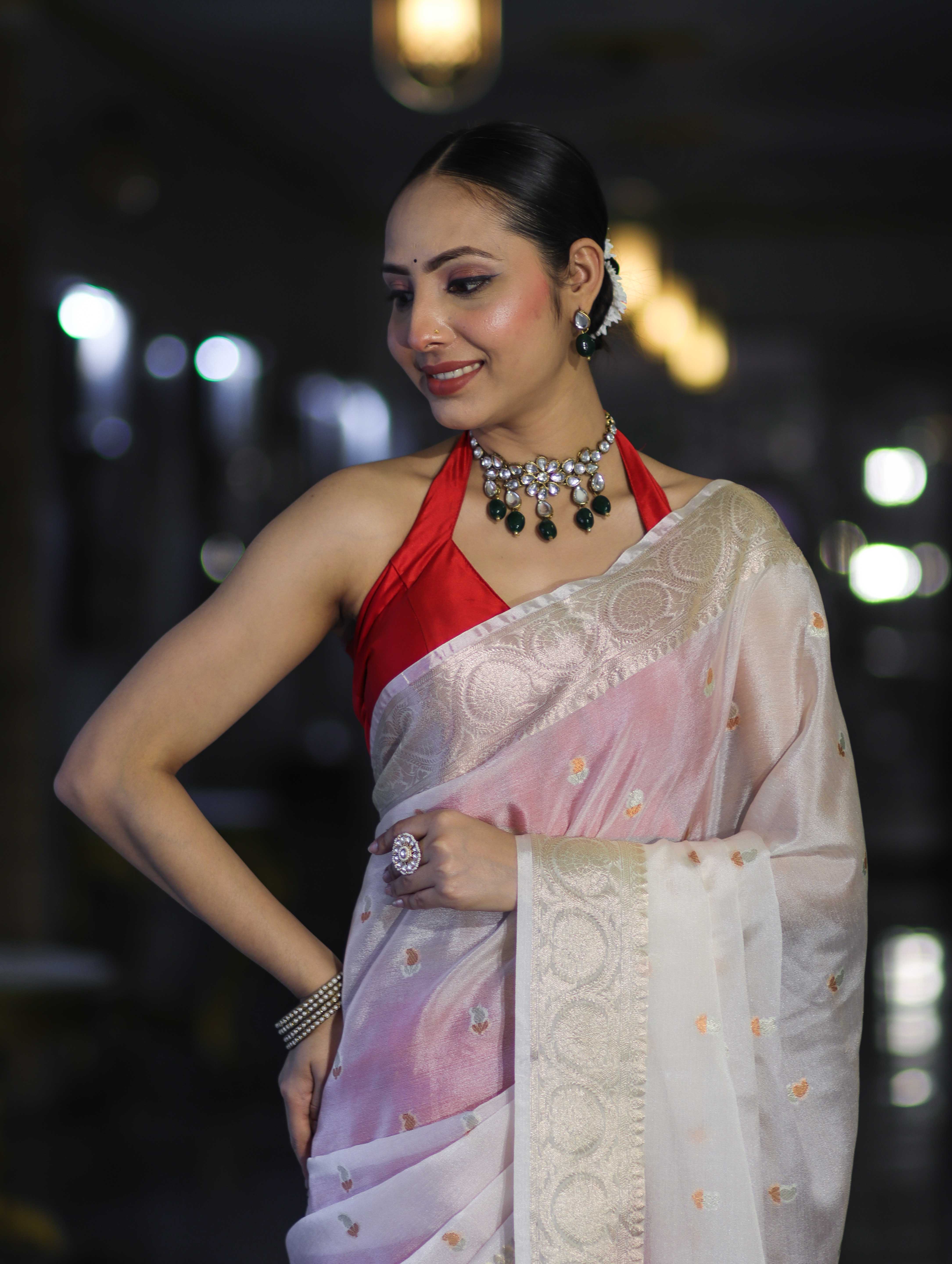 Banarasee Semi Chiffon Saree With Buti Design & Zari Border-Red & White