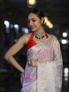 Banarasee Semi Chiffon Saree With Buti Design & Zari Border-Red & White