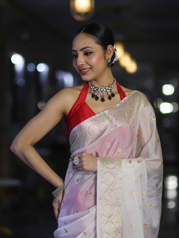 Banarasee Semi Chiffon Saree With Buti Design & Zari Border-Red & White