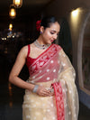 Banarasee Organza Mix Saree With Resham Work & Contrast Border-Cream & Maroon