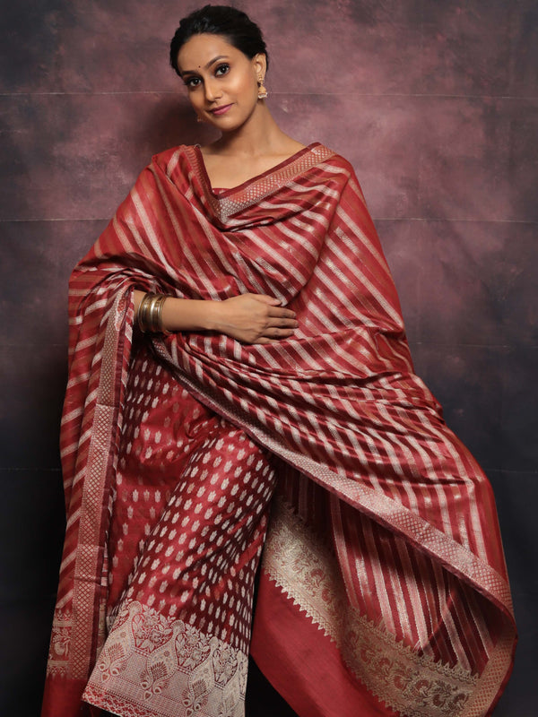 Banarasee Salwar Kameez Cotton Silk Resham & Zari Buti Woven Fabric With Dupatta-Maroon