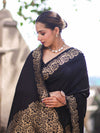 Banarasee Handloom Plain Semi Katan Saree With Gold Zari Border-Black