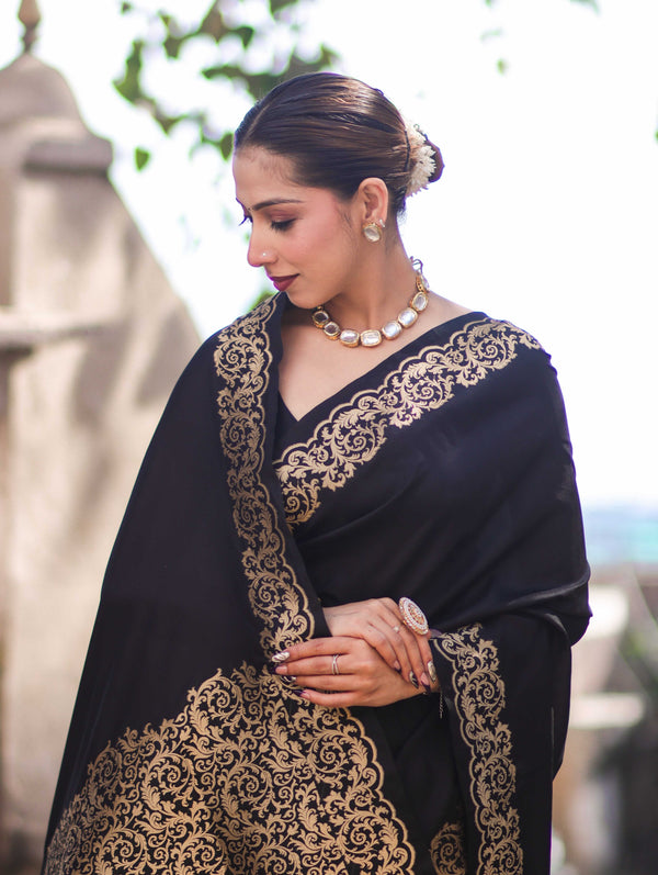 Banarasee Handloom Plain Semi Katan Saree With Gold Zari Border-Black