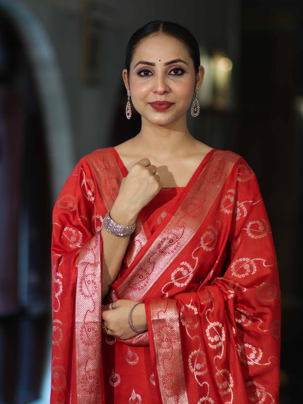 Banarasee Zari Embroidered Chanderi Silk Salwar Kameez With Dupatta Set-Red