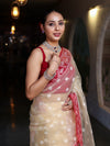 Banarasee Organza Mix Saree With Resham Work & Contrast Border-Cream & Maroon