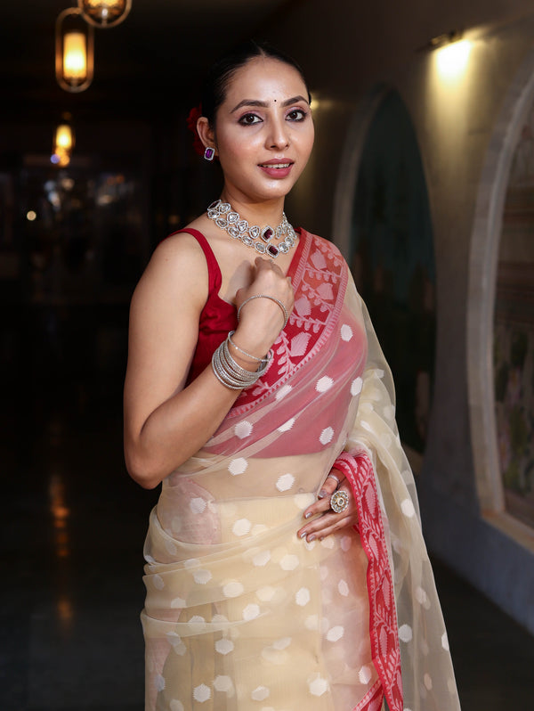 Banarasee Organza Mix Saree With Resham Work & Contrast Border-Cream & Maroon